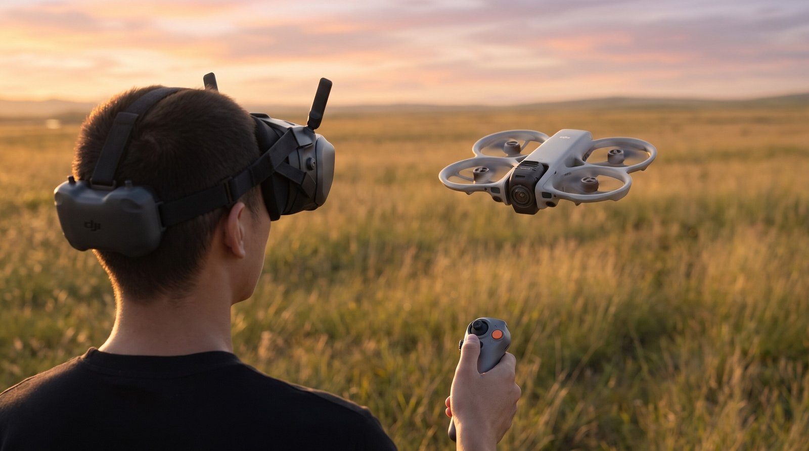 Piloto de costas com óculos DJI Goggles N3 e controle de movimento, com o Avata 360 pairando à frente