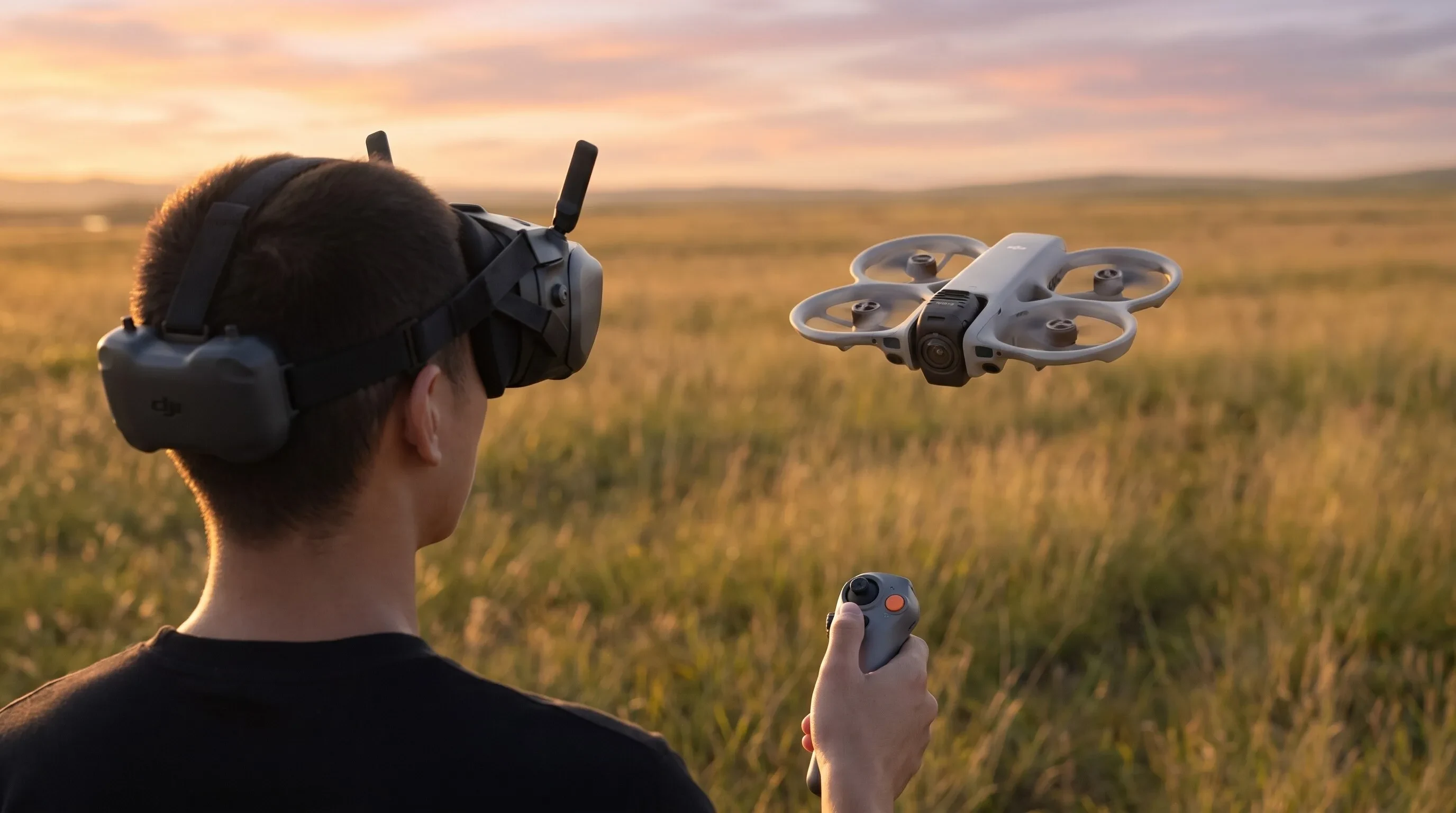 Piloto de costas com óculos DJI Goggles N3 e controle de movimento, com o Avata 360 pairando à frente