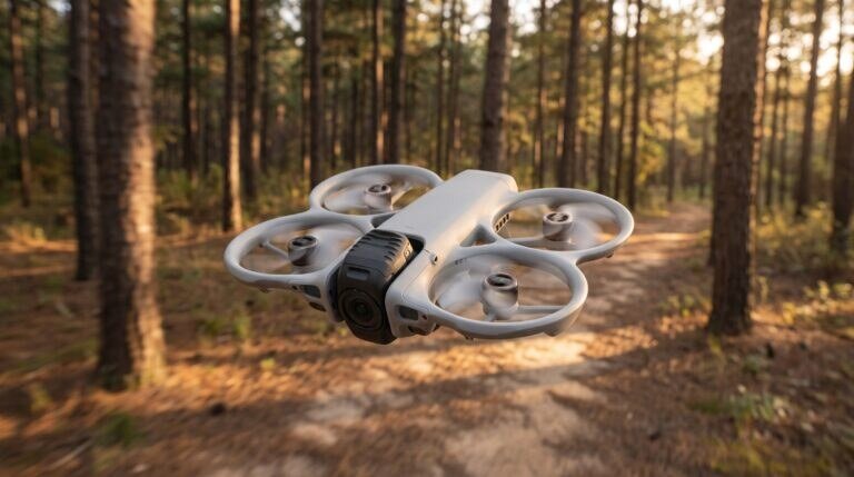 Drone DJI Avata 360 voando baixo sobre uma trilha de floresta no fim da tarde