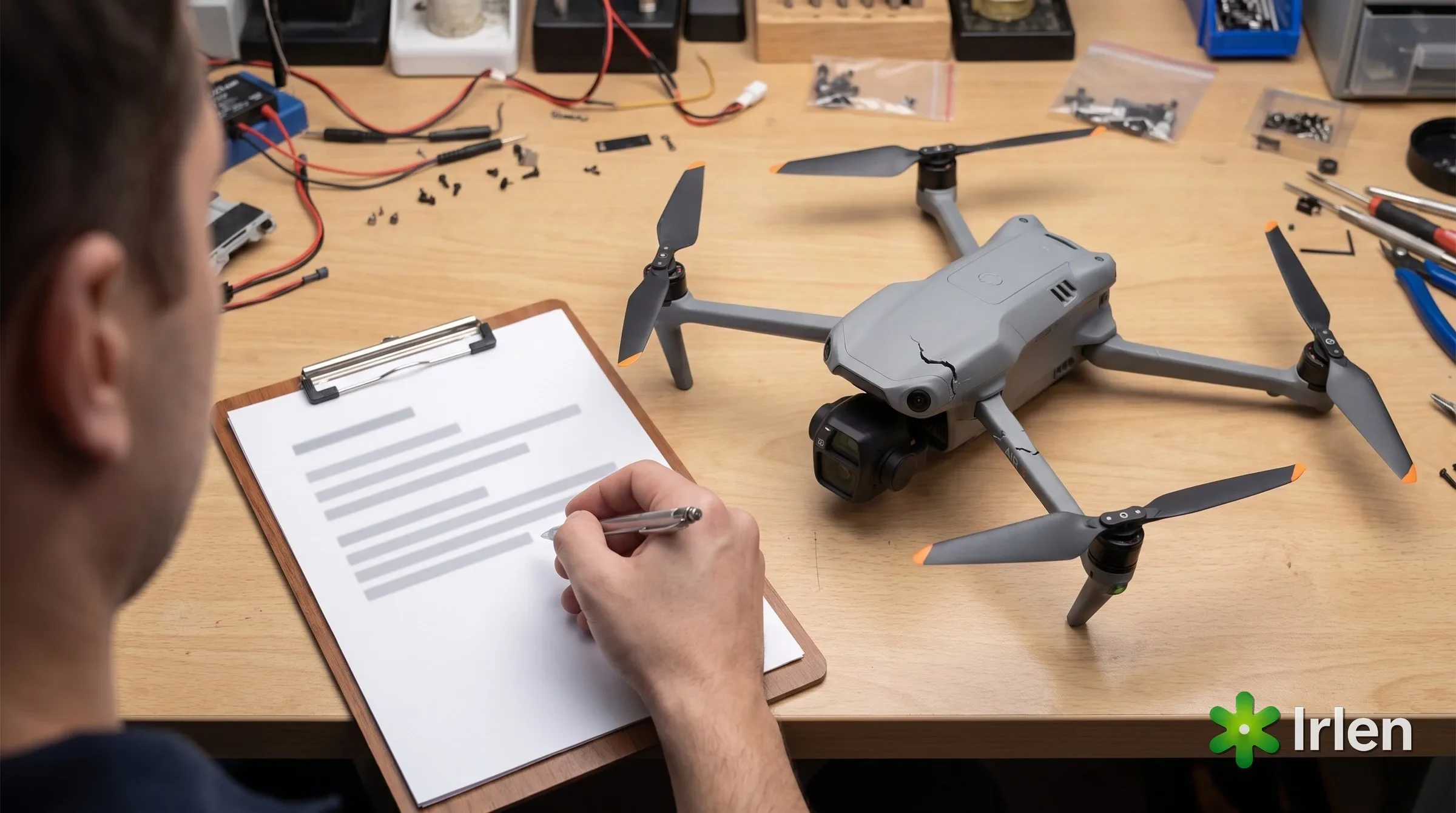 Drone DJI Air 3S danificado na bancada, ao lado de uma prancheta