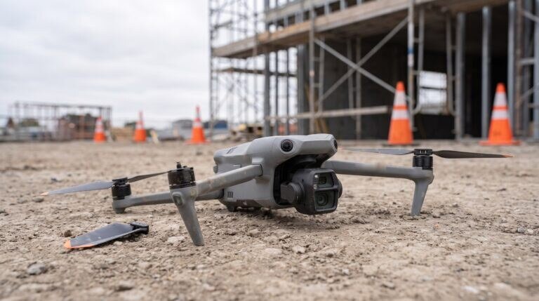 Drone DJI Air 3S caído no chão de um canteiro de obras com uma hélice quebrada