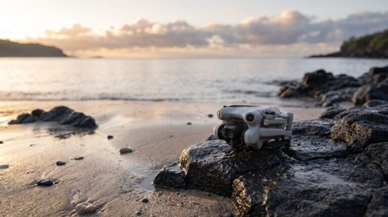 Drone DJI Mini 4 Pro pousado numa pedra na beira de uma praia ao nascer do sol