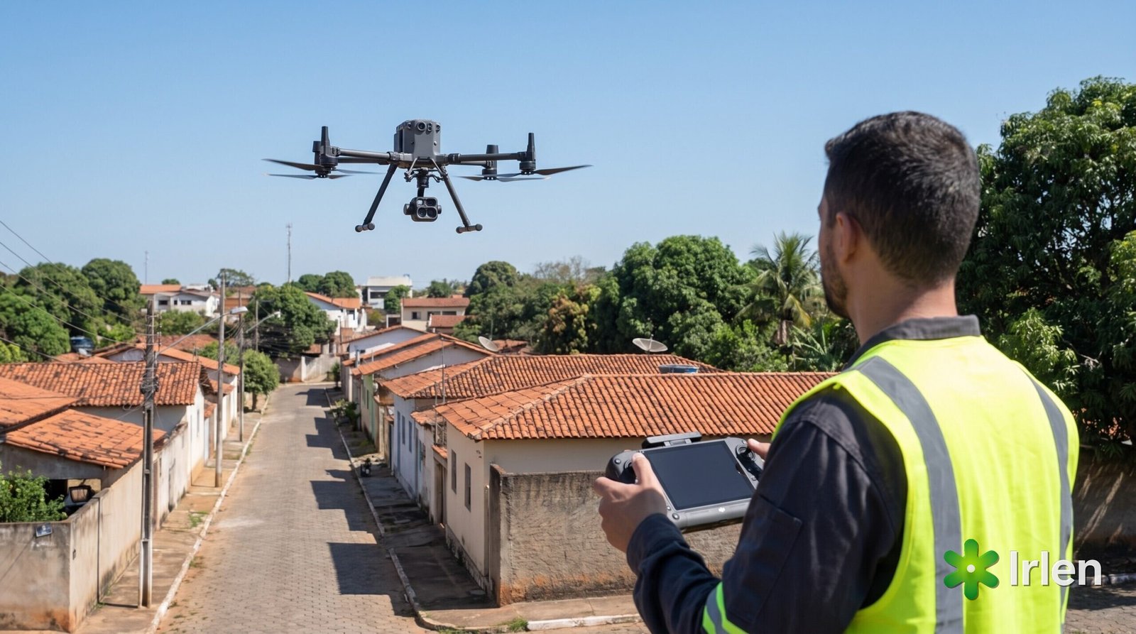 Técnico de colete segurando o controle enquanto um drone DJI Matrice 350 RTK sobrevoa uma cidade pequena
