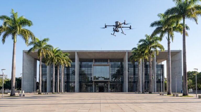 Drone DJI Matrice 350 RTK sobrevoando a praça em frente a uma prefeitura