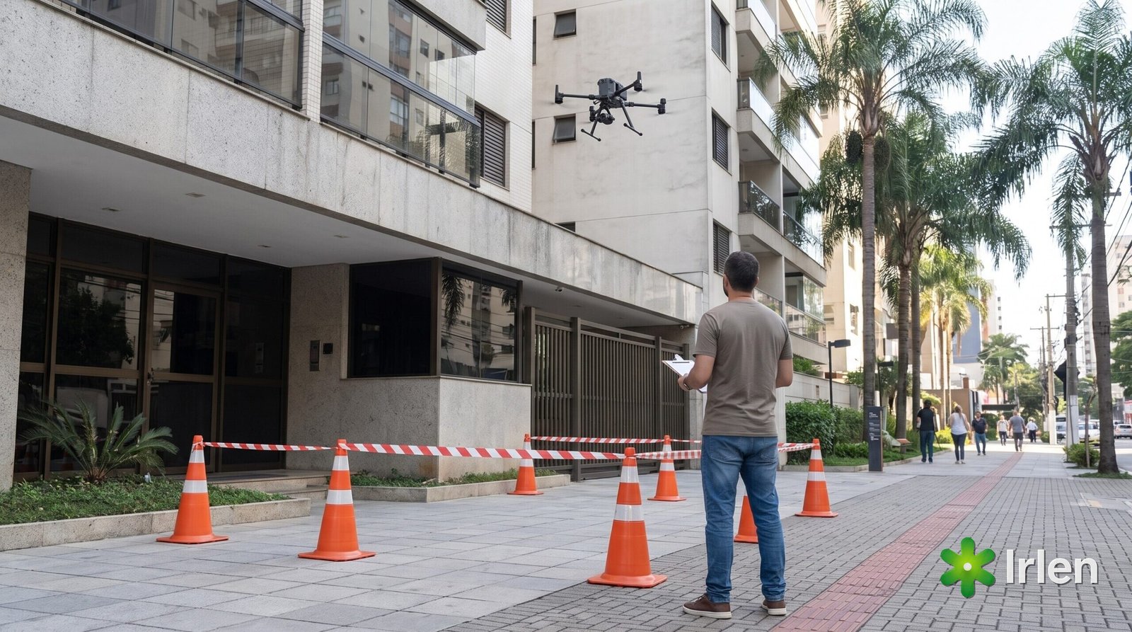 Calçada isolada com cones e fita na frente de um prédio, com um drone DJI Matrice 350 RTK no alto da fachada