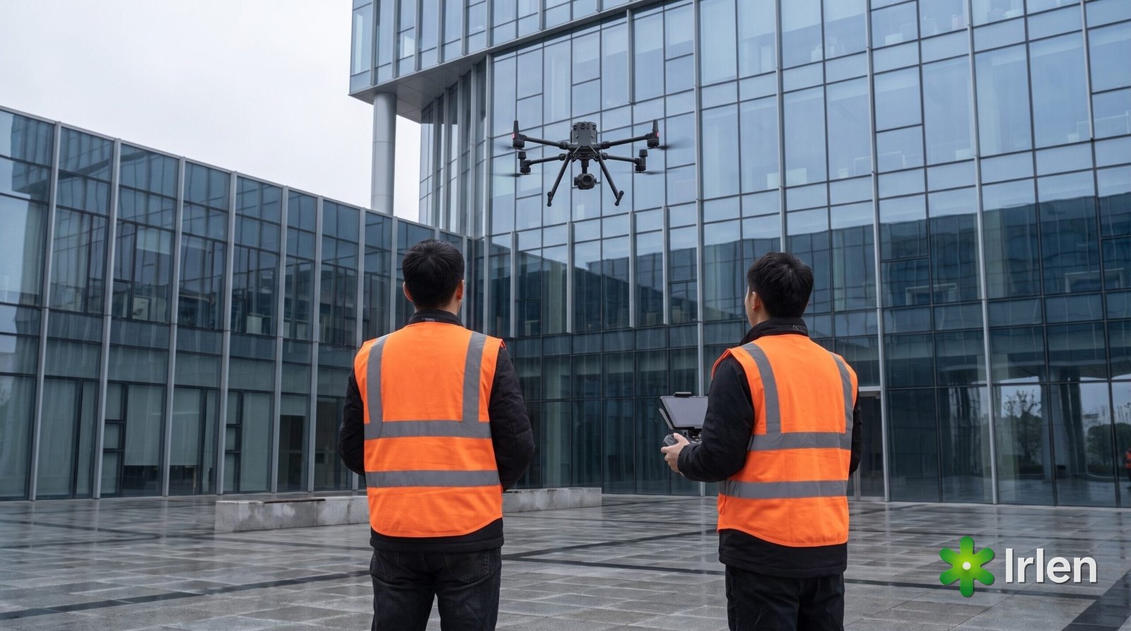 Dois operadores de colete na base de um prédio comercial enquanto um drone DJI Matrice 350 RTK voa perto da fachada