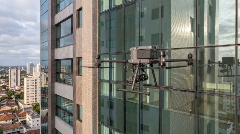 Drone DJI Matrice 350 RTK parado perto da fachada de vidro de um prédio residencial