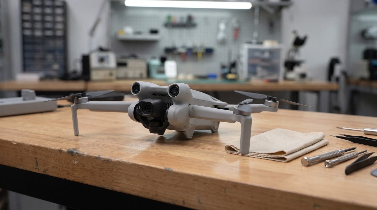 Drone com as hélices abertas sobre uma bancada de manutenção, com ferramentas simples ao lado