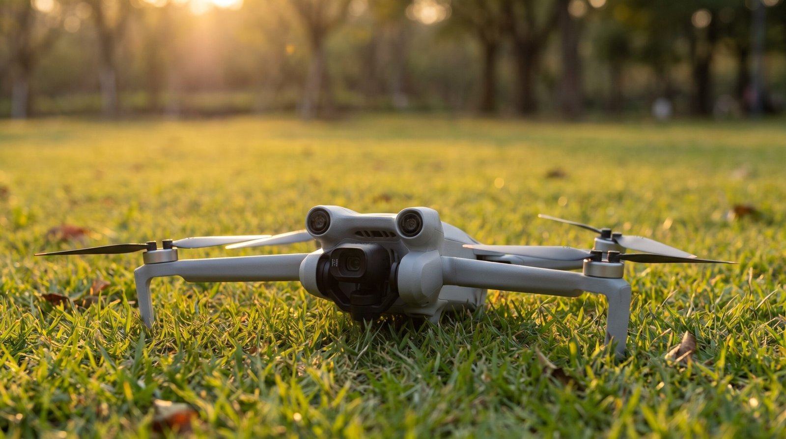 Drone pequeno pousado sozinho na grama ao fim da tarde, com as hélices abertas