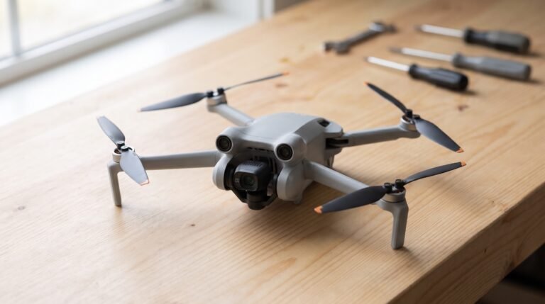 Drone pequeno com as hélices abertas sobre uma bancada de oficina, sob luz suave de janela