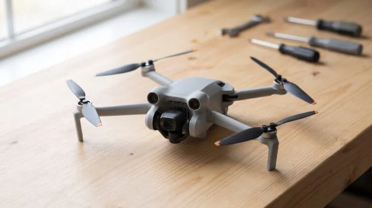 Drone pequeno com as hélices abertas sobre uma bancada de oficina, sob luz suave de janela