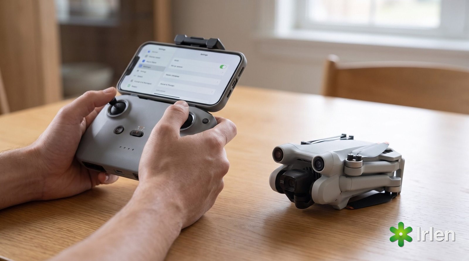 Mãos segurando o controle DJI RC-N3 com o celular, ao lado de um drone DJI Mini 3 Pro dobrado