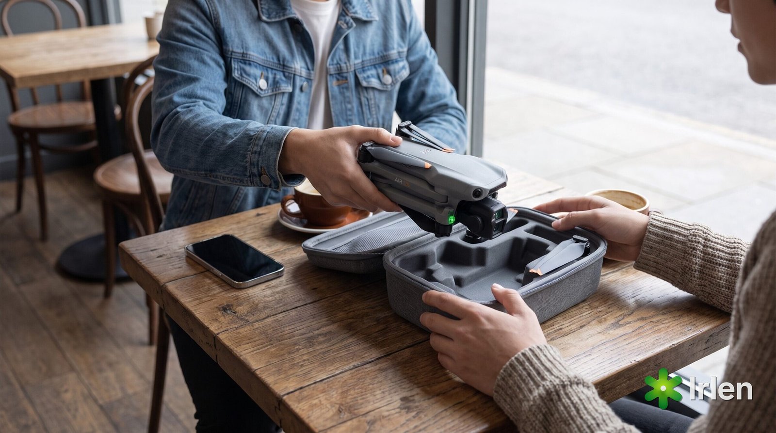 Duas pessoas numa mesa trocando um drone DJI Air 3S no estojo aberto