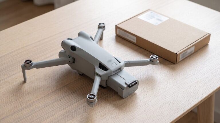 Drone DJI Mini 4 Pro com a bateria puxada para fora do compartimento, ao lado da caixa