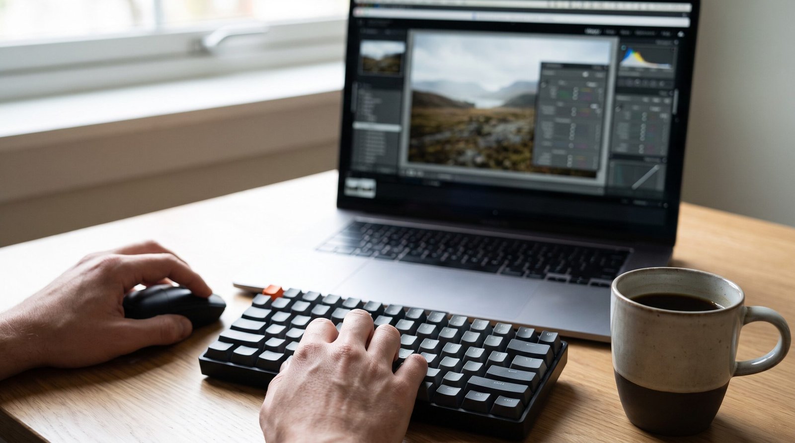 Mãos sobre um notebook com uma foto de paisagem sendo retocada em um editor de camadas