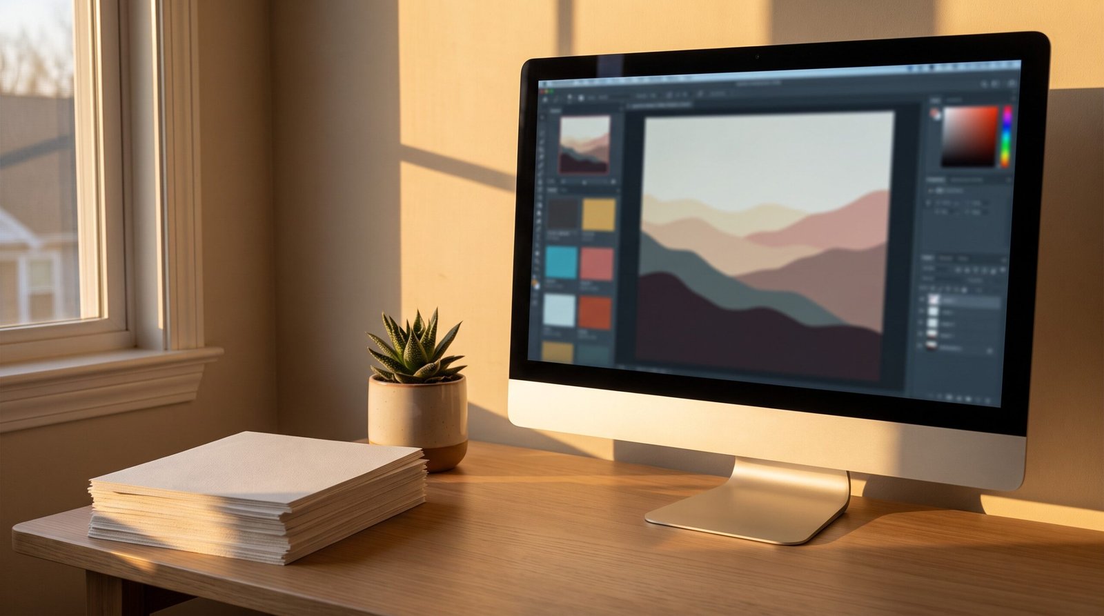 Escritório com monitor mostrando uma foto de paisagem retocada e provas impressas sobre a mesa