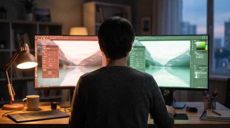 Designer diante de dois monitores com dois editores de foto quase iguais, ilustrando o clone do Photoshop feito com IA