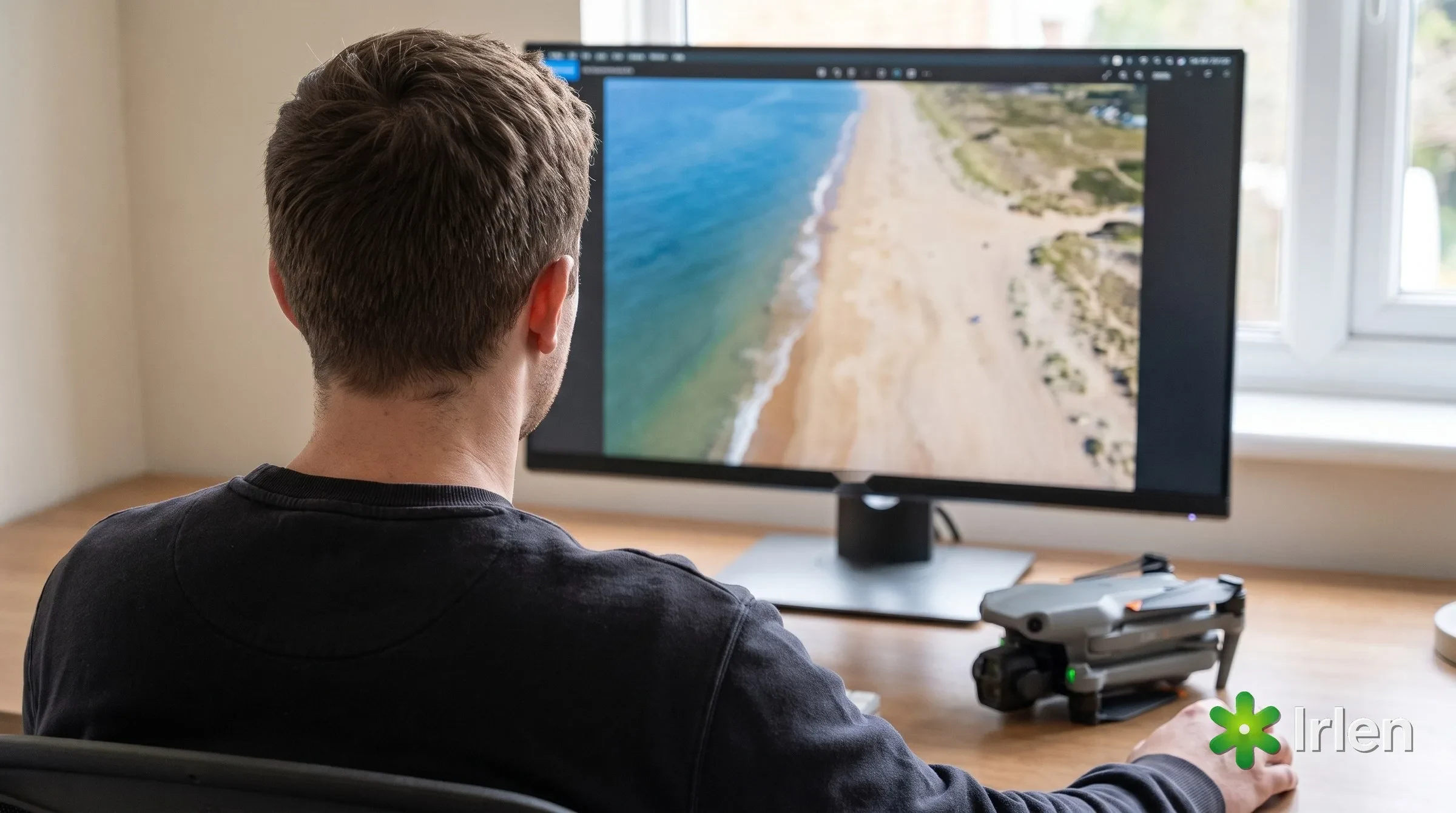 Pessoa de costas editando vídeo aéreo no monitor, com um drone DJI Air 3S na mesa