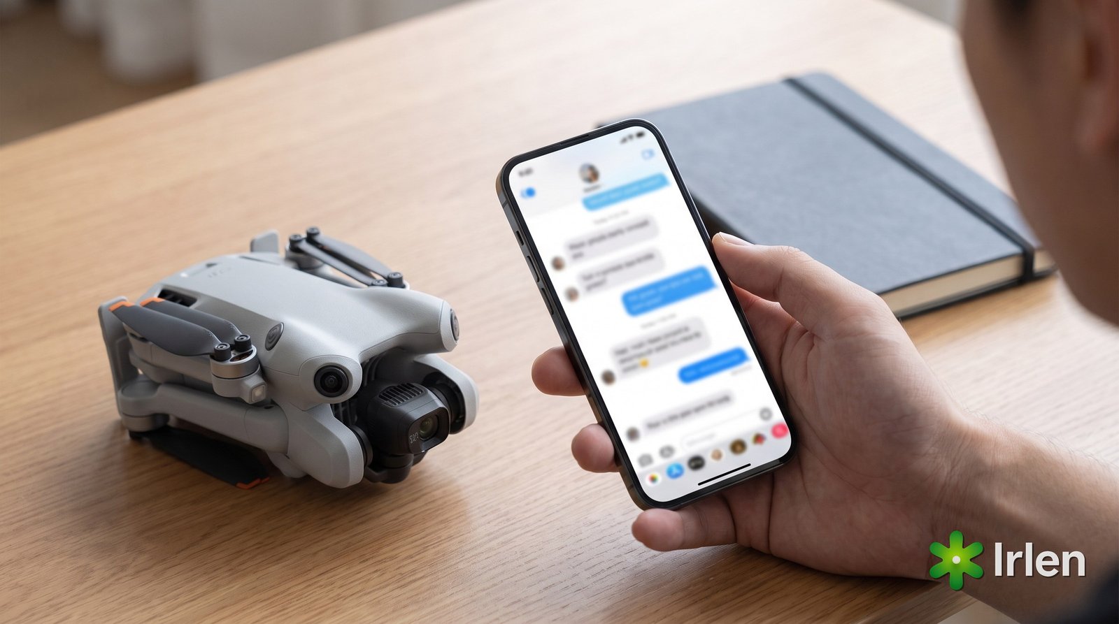 Mão segurando o celular com uma conversa desfocada, sobre a mesa com um drone DJI Mini 4 Pro