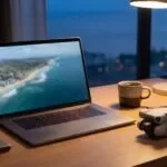 Notebook com imagem aérea na tela e drone DJI Mini 4 Pro dobrado sobre a mesa de trabalho