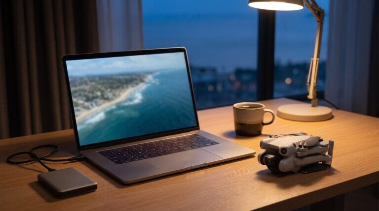 Notebook com imagem aérea na tela e drone DJI Mini 4 Pro dobrado sobre a mesa de trabalho