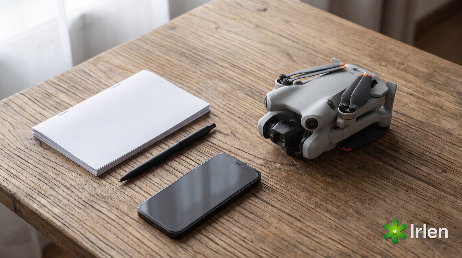 Folhas em branco, caneta e um drone DJI Mini 4 Pro dobrado sobre a mesa