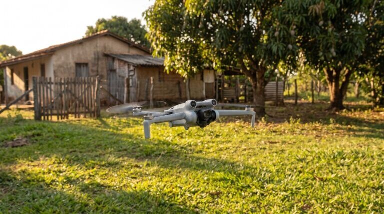 Drone DJI Mini 4 Pro parado no ar sobre o quintal de uma chácara