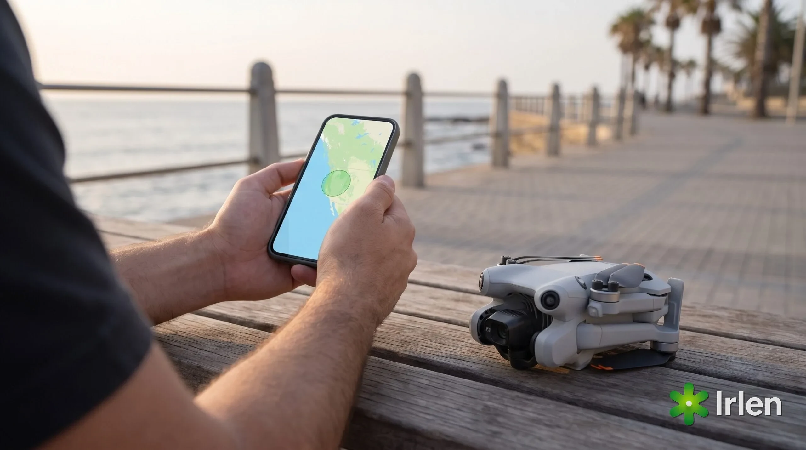 Mãos segurando o celular com um mapa de zonas e um drone DJI Mini 4 Pro dobrado ao lado, num banco à beira-mar