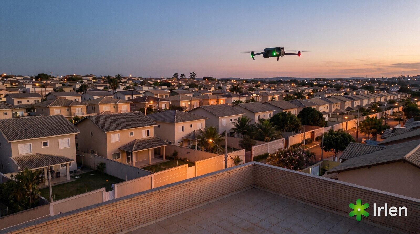 Drone DJI da família Mavic 3 sobre um bairro residencial ao entardecer, com casas e quintais murados