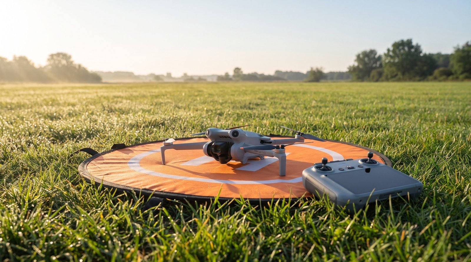 Um DJI Mini 4 Pro sobre um ponto de pouso laranja dobrável colocado na grama, com o controle ao lado, sob a luz da manhã