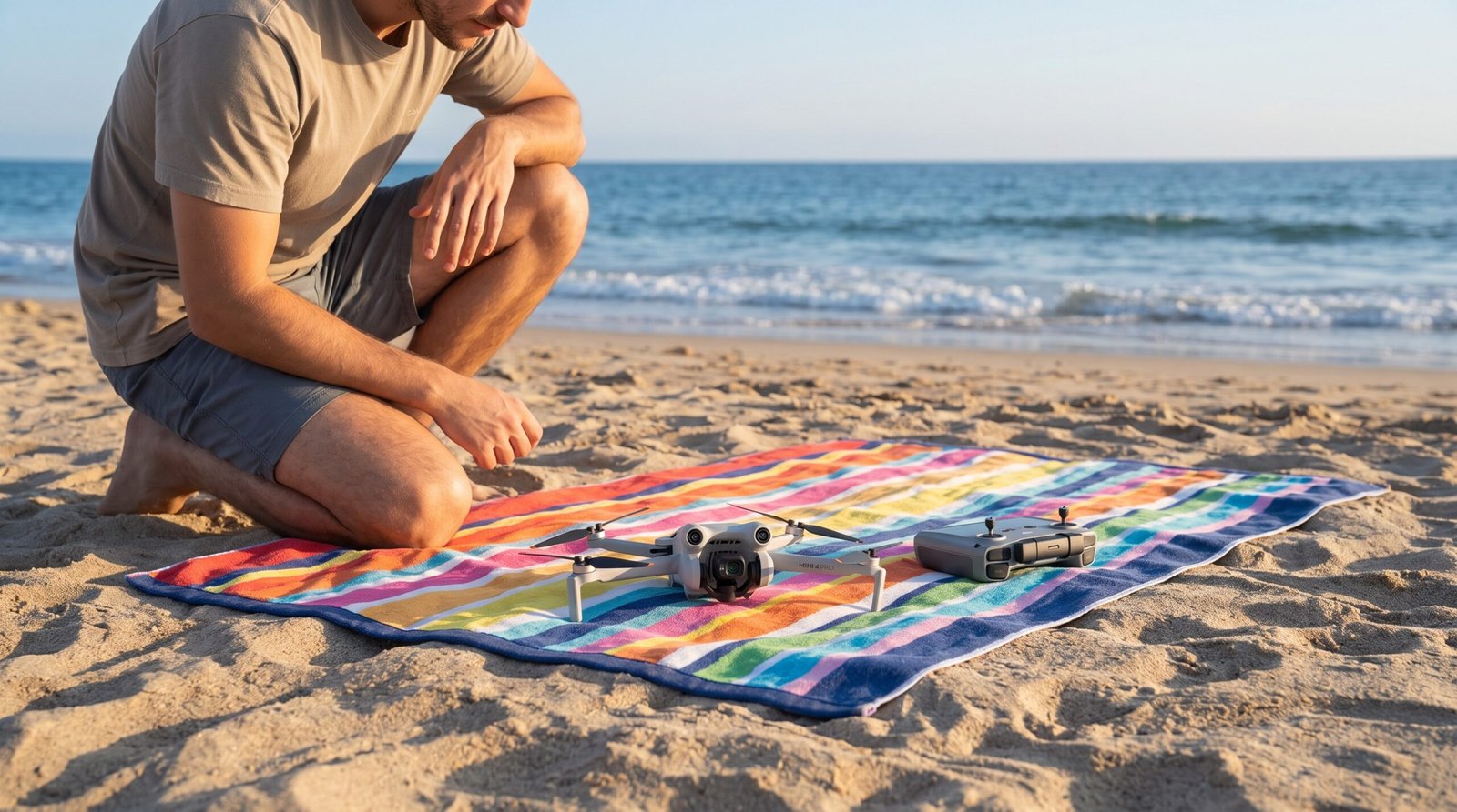Toalha estendida na areia com um DJI Mini 4 Pro pousado sobre ela, hélices paradas, controle ao lado e um piloto ajoelhado perto, com o mar ao fundo