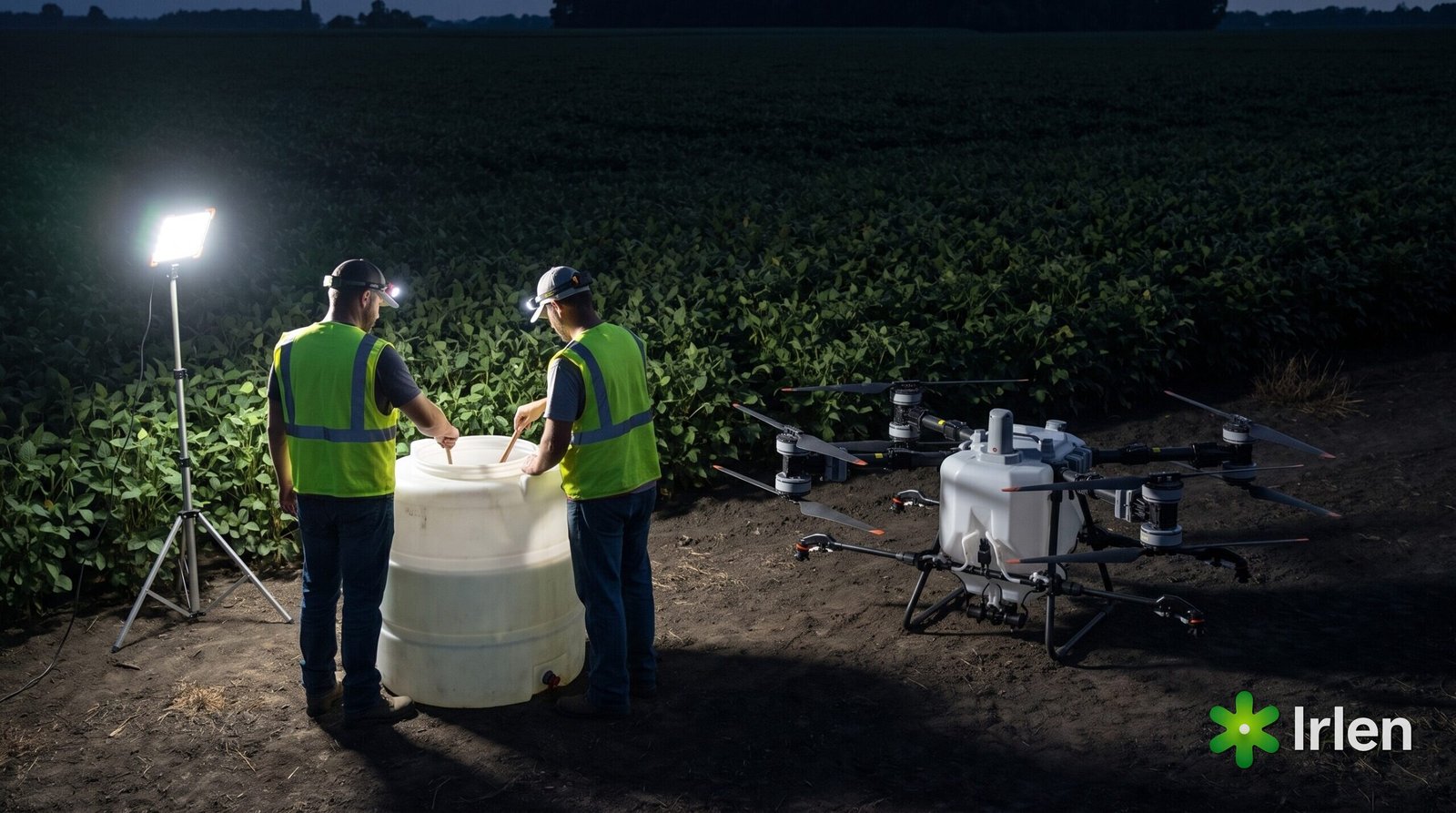 Dois trabalhadores de colete e lanterna de cabeça preparando a calda à noite sob um refletor, ao lado de um drone DJI Agras T50