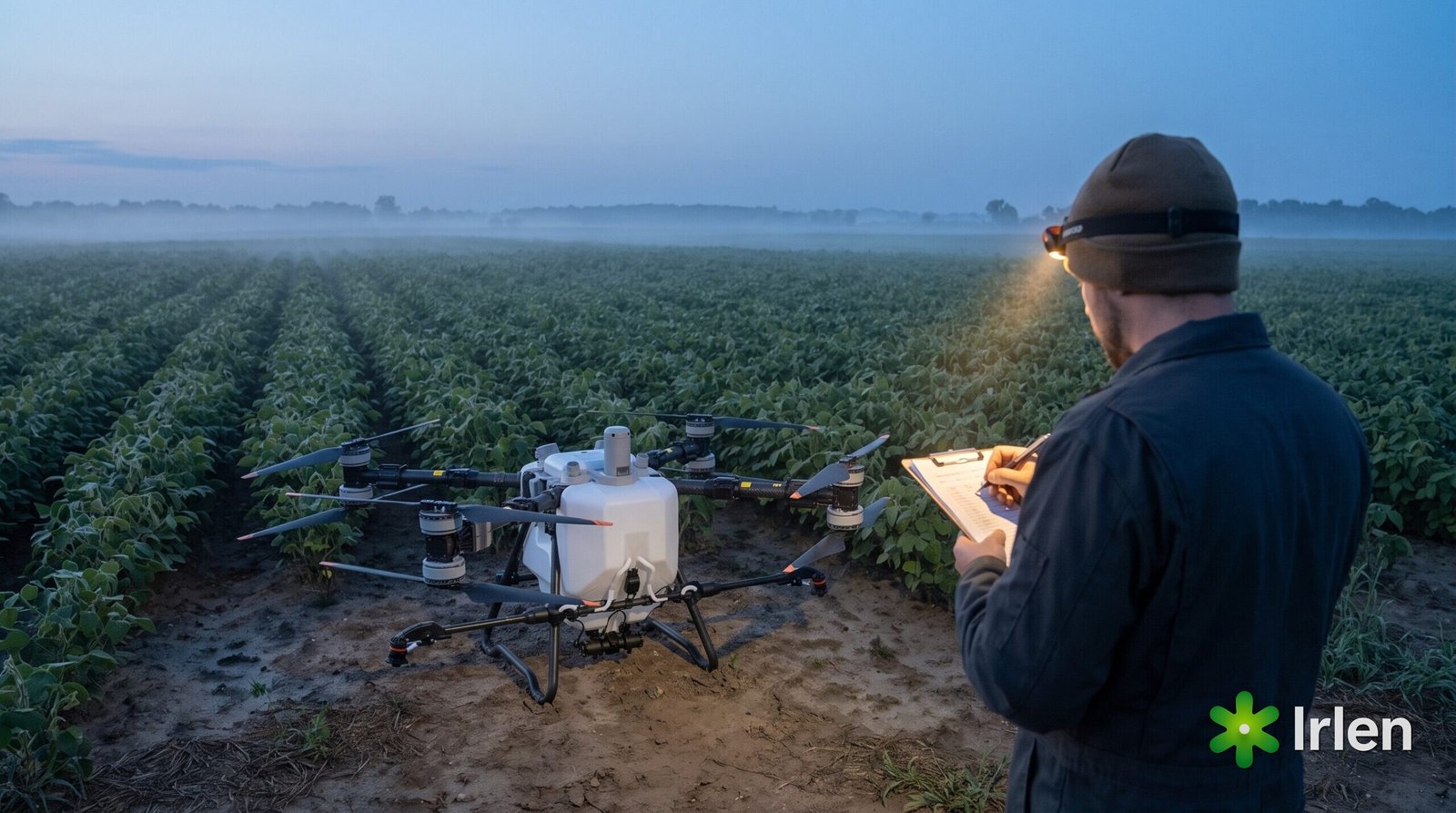 Técnico de costas anotando numa prancheta ao lado de um drone DJI Agras T50 ao amanhecer