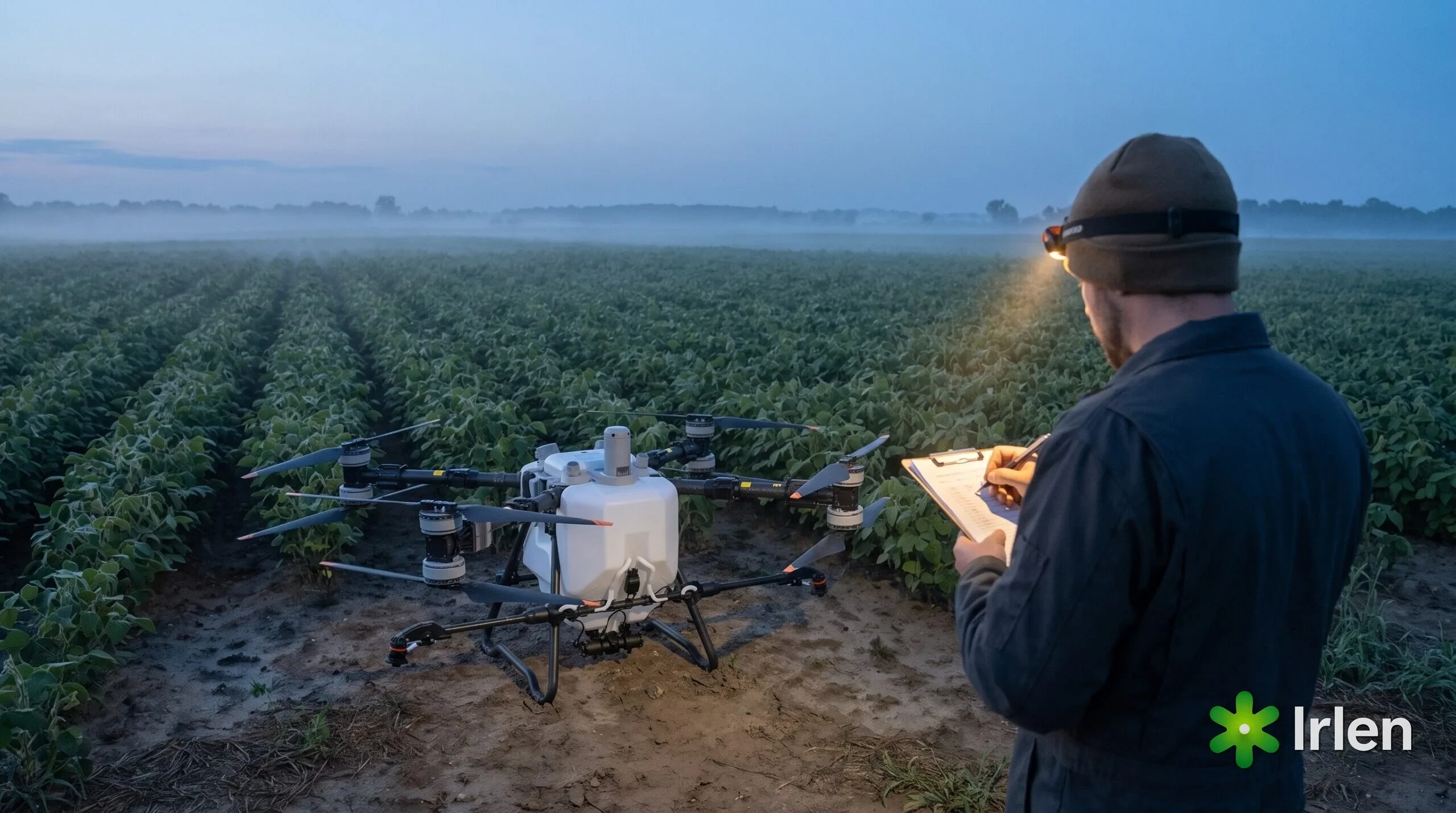 Técnico de costas anotando numa prancheta ao lado de um drone DJI Agras T50 ao amanhecer