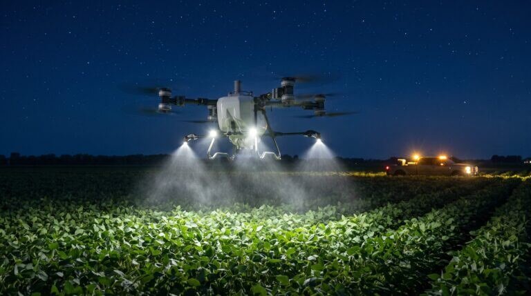 Drone DJI Agras T50 pulverizando uma lavoura de soja à noite