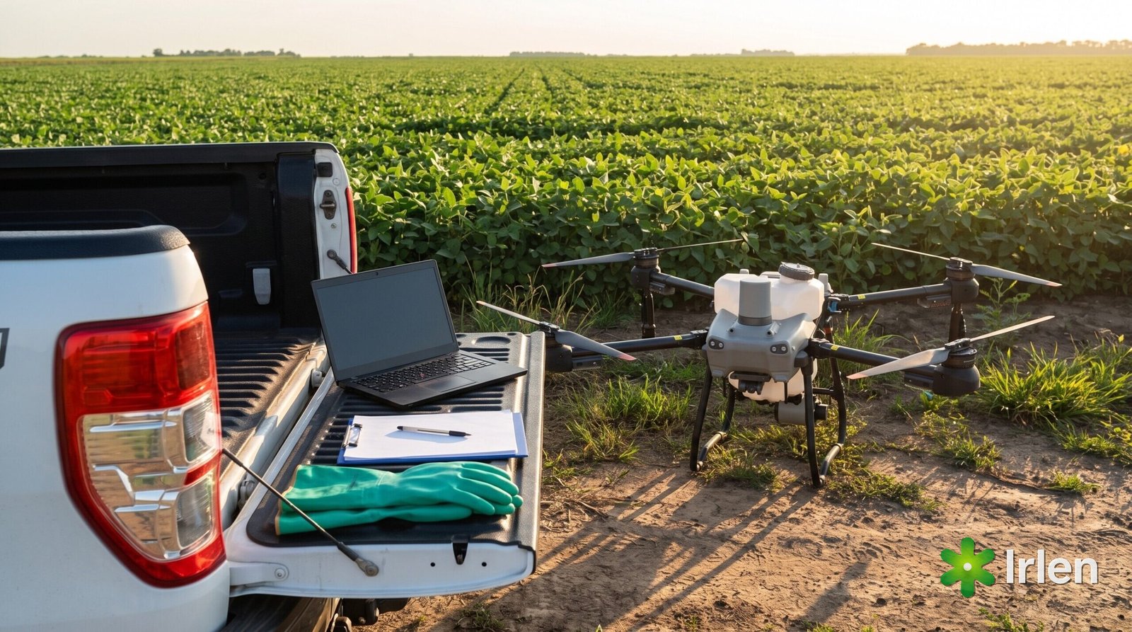 Prancheta, notebook e luvas na caçamba de uma picape, com um drone agrícola DJI Agras T25 pousado ao fundo