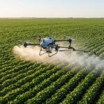 Drone agrícola DJI Agras T50 pulverizando uma lavoura de soja de manhã