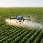 Drone agrícola DJI Agras T50 pulverizando uma lavoura de soja de manhã