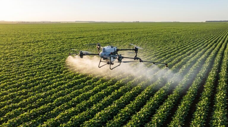 Drone agrícola DJI Agras T50 pulverizando uma lavoura de soja de manhã