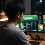 Desenvolvedor diante de dois monitores com dois apps de música quase iguais, ilustrando a skill de engenharia reversa com IA