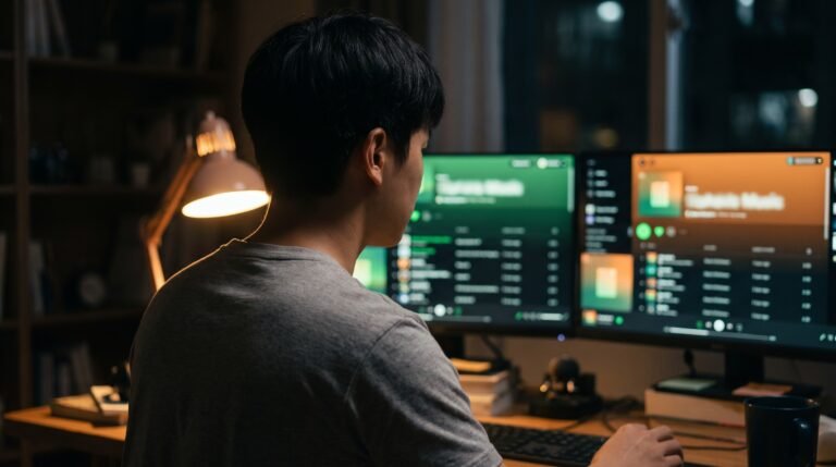 Desenvolvedor diante de dois monitores com dois apps de música quase iguais, ilustrando a skill de engenharia reversa com IA
