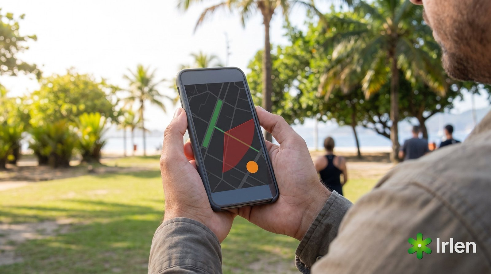 Mãos segurando o celular com um mapa de zonas verde, laranja e vermelha no Aterro do Flamengo