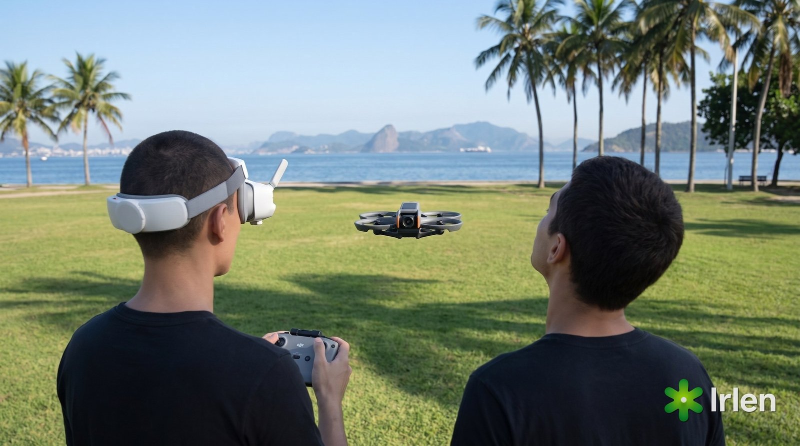 Piloto com óculos FPV DJI Goggles 3 e observador ao lado, de costas, com um Avata 2 pairando no gramado do Aterro do Flamengo