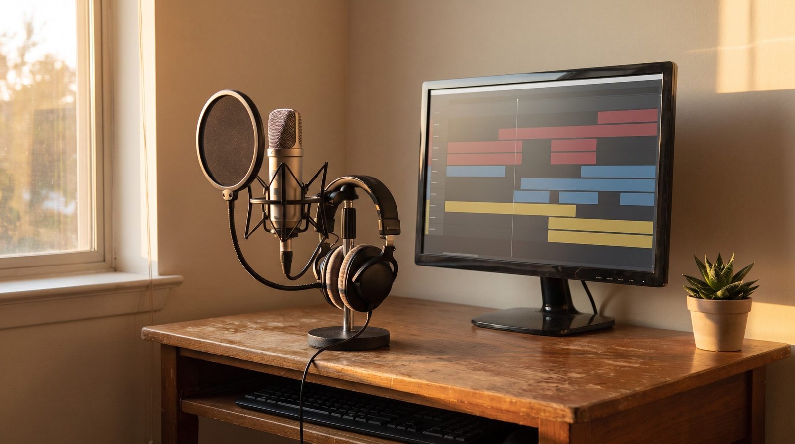 Canto de gravação com microfone, fones e um monitor com a linha do tempo de um vídeo com legendas em duas cores
