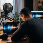 Criador de conteúdo em um estúdio caseiro com microfone, fones e telas mostrando uma onda de áudio, ilustrando a alternativa grátis ao ElevenLabs