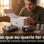 Pessoa abrindo a caixa de um DJI Mini 4 Pro sobre uma mesa, com controle, baterias e cartão microSD