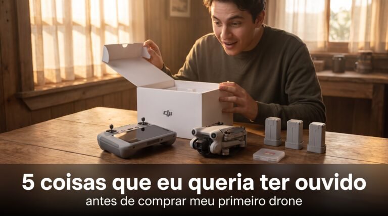 Pessoa abrindo a caixa de um DJI Mini 4 Pro sobre uma mesa, com controle, baterias e cartão microSD
