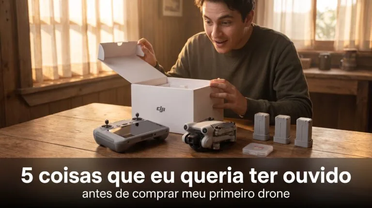 Pessoa abrindo a caixa de um DJI Mini 4 Pro sobre uma mesa, com controle, baterias e cartão microSD