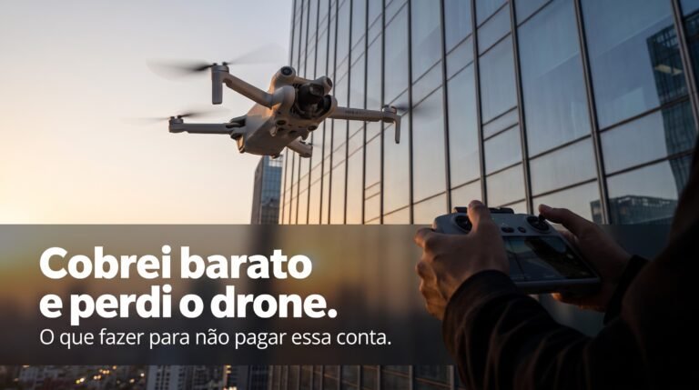 DJI Mini 4 Pro voando perto da fachada de vidro de um prédio, com o piloto em primeiro plano