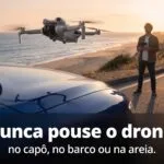 Drone DJI Mini 4 Pro pairando sobre o capô curvo de um carro em uma estrada na praia
